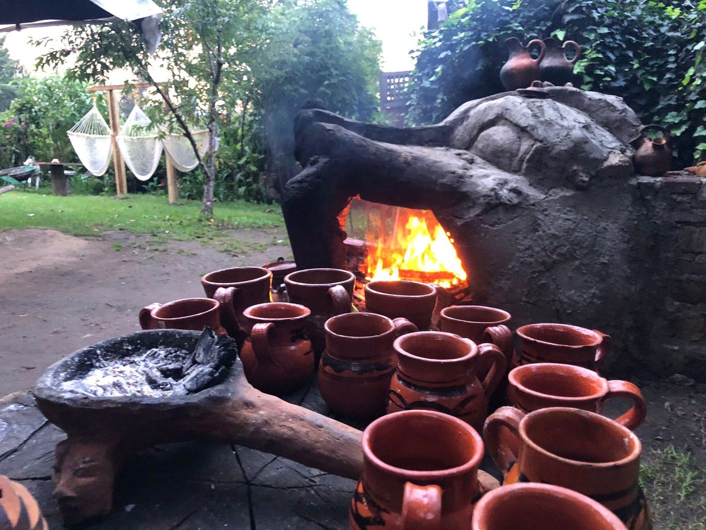Cacao cups by the fire at Aldea Tonantzin